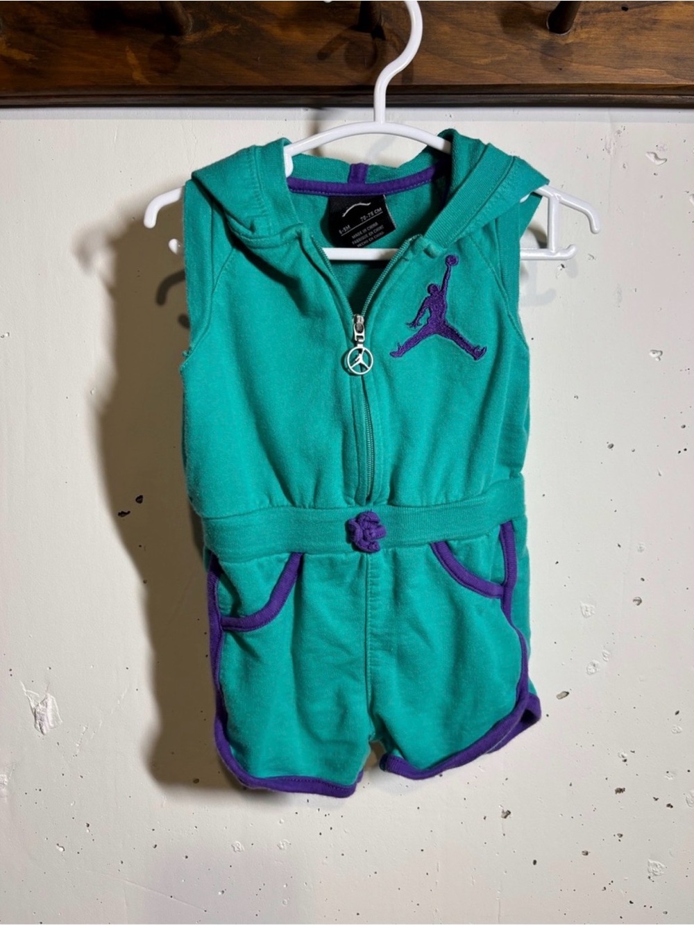 Jordan Teal and Purple Hooded Girls' One-Piece Romper